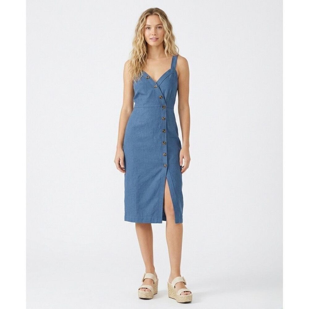 Saylor Blue Asymmetrical Button Front Midi Dress Small Square Neck Coastal
